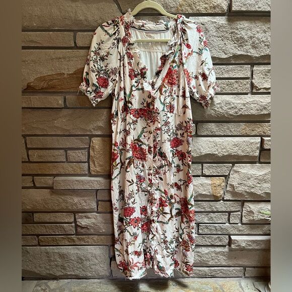 Anthropologie Pilcro Ruffle-Collar Buttondown Dress Cream Floral Boho Size 12 - Picture 3 of 16